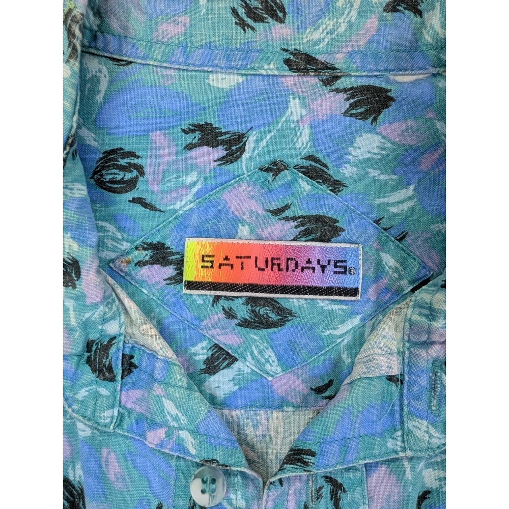 Vintage Saturdays Party Shirt Men Medium Blue Graphic Print Surfer 80s READ